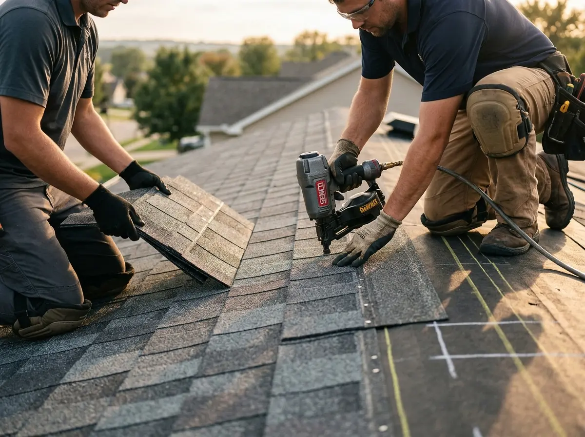 Professional roofer working on a residential roof in Sallisaw